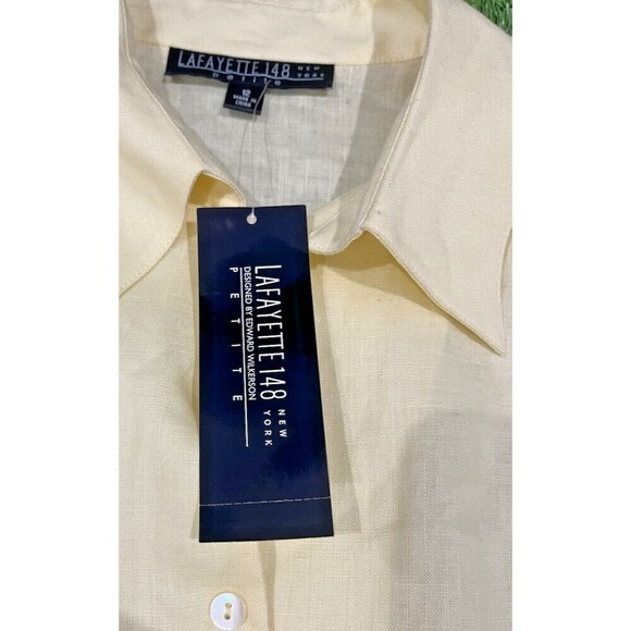 LAFAYETTE 148 Button-Up Short Sleeve Fitted Blue Top Pintuck 100% Linen Size 12 - Picture 4 of 11